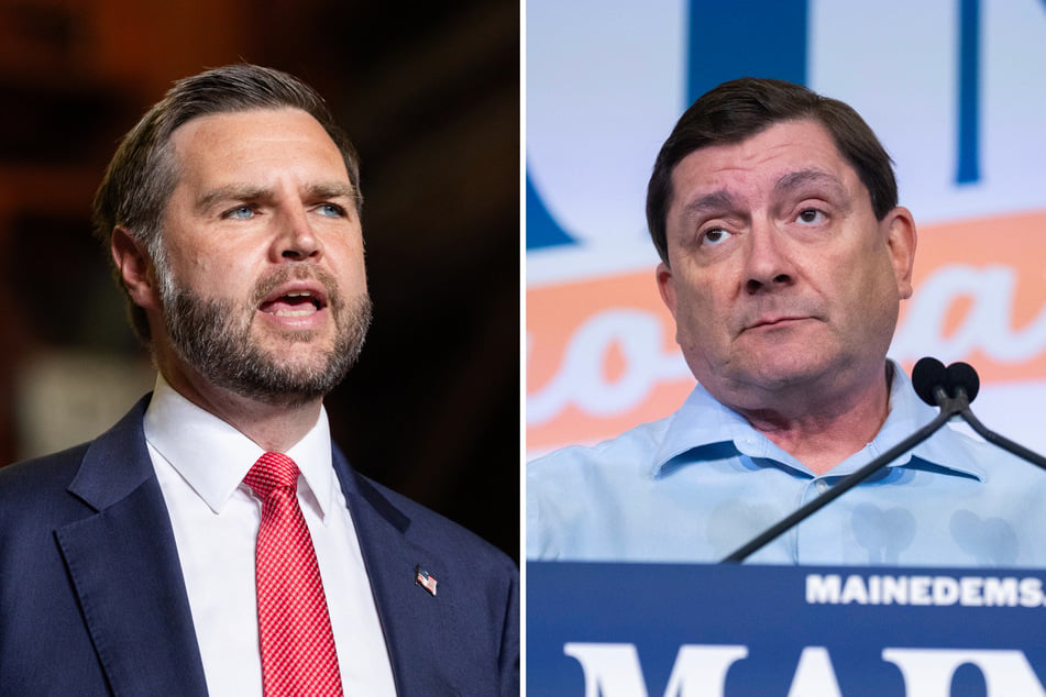 Vice President JD Vance (l) was called a "dirtbag" by Maine candidate for US Senate Troy Jackson (r) over his comments about a recent ICE killing in Maine.