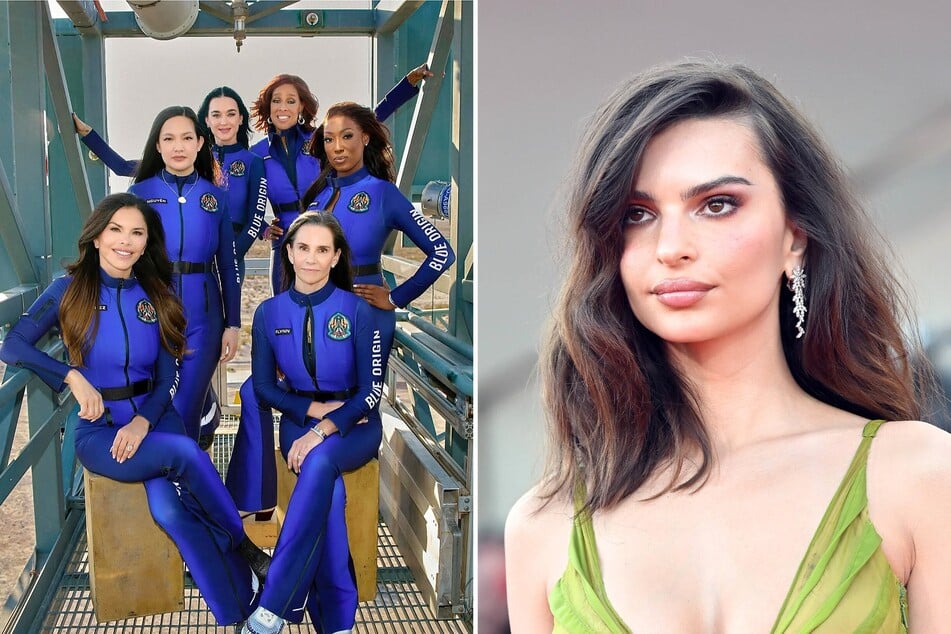 In a recent TikTok video, model Emily Ratajkowski (r.) detailed how she was "disgusted" by the recent all-female space flight put together by Jeff Bezos.