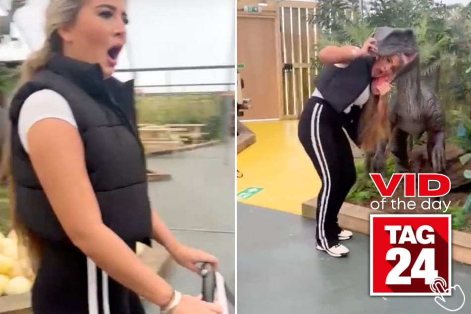 Today's Viral Video of the Day features a mom on TikTok who hilariously got her head stuck in an animatronic dinosaur!