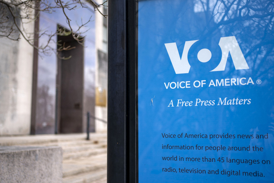 Signage for US broadcaster Voice of America is seen in Washington, DC, on March 16, 2025.