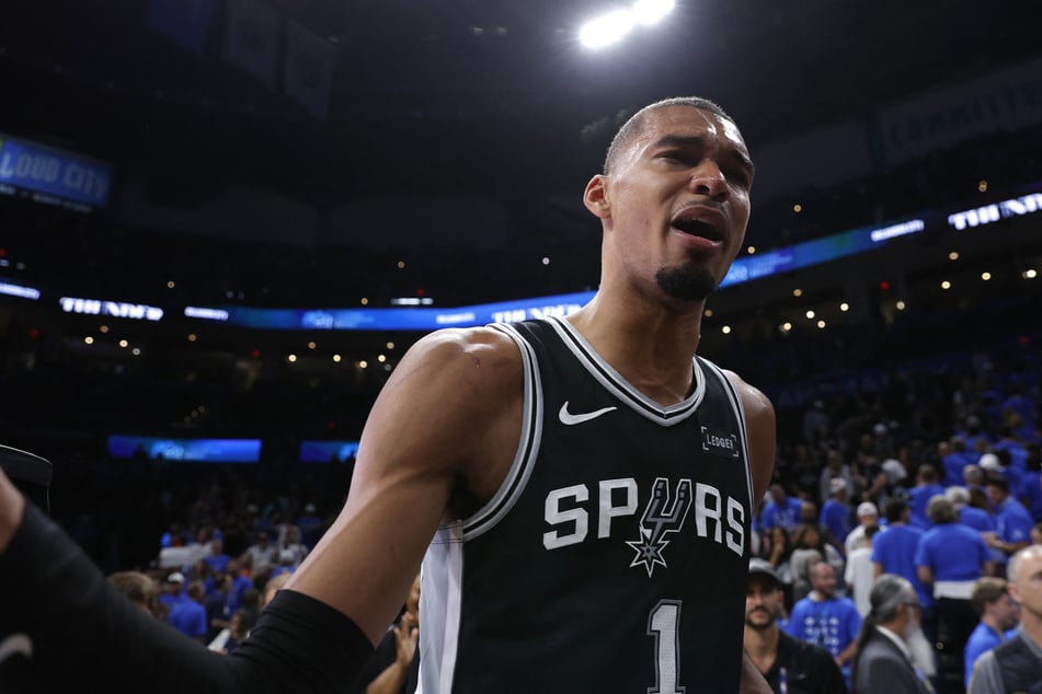 San Antonio Spurs forward Victor Wembanyama celebrates after defeating the Oklahoma City Thunder in game seven of the Western Conference Finals for the 2026 NBA playoffs at Paycom Center on May 30, 2026.
