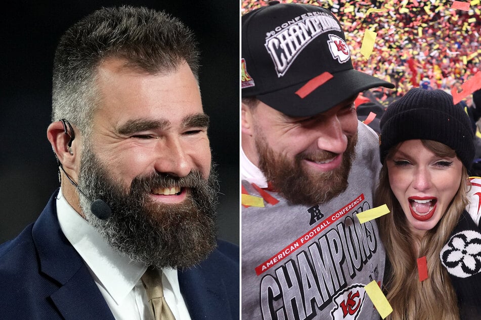Jason Kelce (l.) gushed over his future sister-in-law Taylor Swift's impact on getting young girls into the NFL.