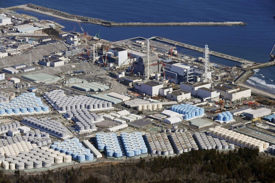 The crippled Fukushima Daiichi nuclear power plant storing radioactive water as seen from above.
