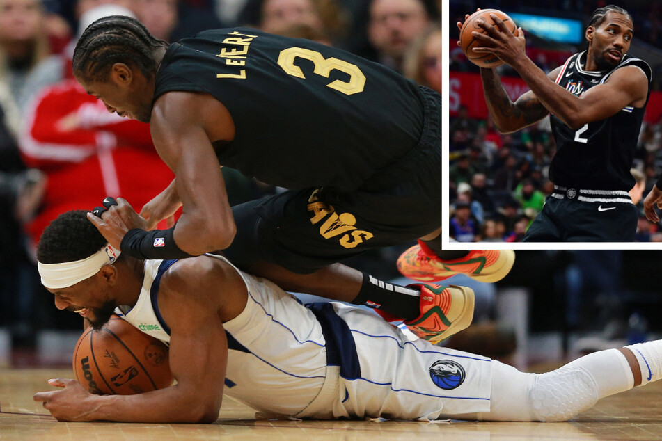 Washington Clippers forward Kawhi Leonard (inset) scored a season-high 31 points against the Washington Wizards, as Dallas Mavericks guard Kemba Walker (bottom l.) was called for a foul against Cleveland Cavaliers guard Caris LeVert (botton r.) on Saturday.