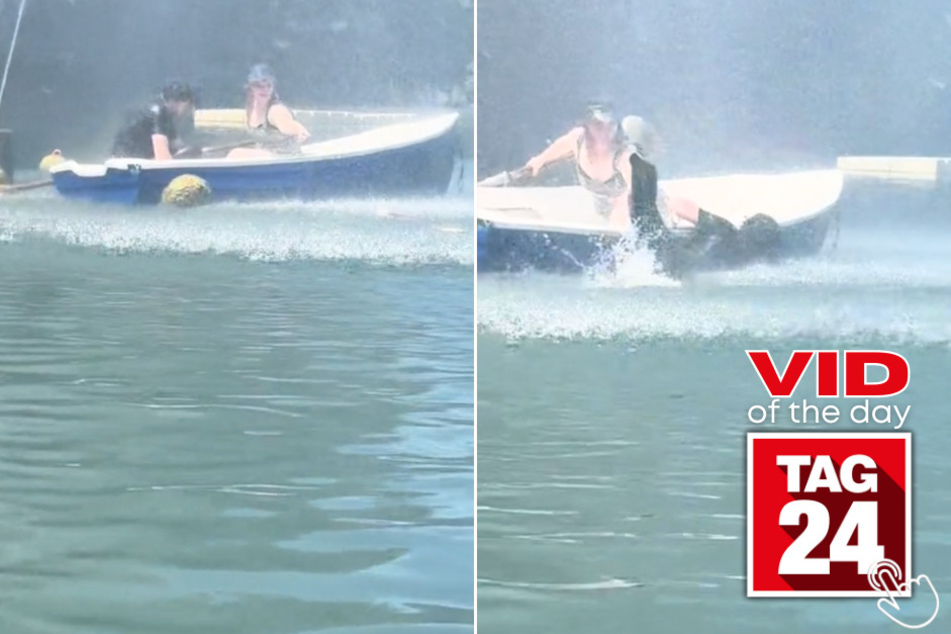 Today's Viral Video of the Day features a couple that got stuck under a fountain on a romantic boat ride.