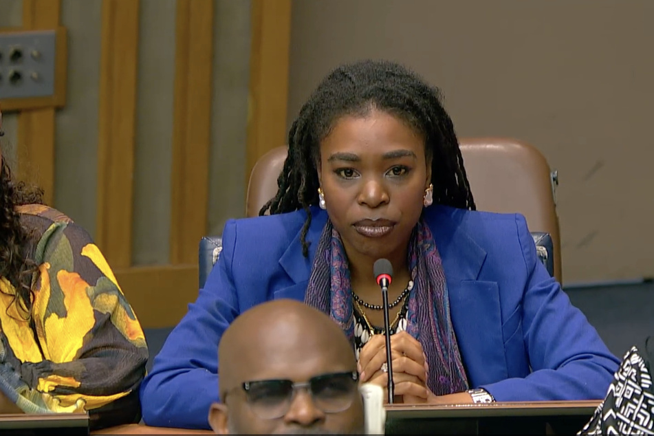 Sister Lilly X testifies in a meeting on reparations during the fourth session of the UN Permanent Forum on People of African Descent on April 15, 2025.