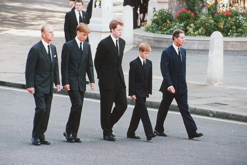 (From l to r) Prince Philip, Prince William, Charles Spencer, Prince Harry, and then-Prince Charles at the funeral of Princess Diana in 1997. Spencer's recollection of this time has drawn a fierce response from the palace.
