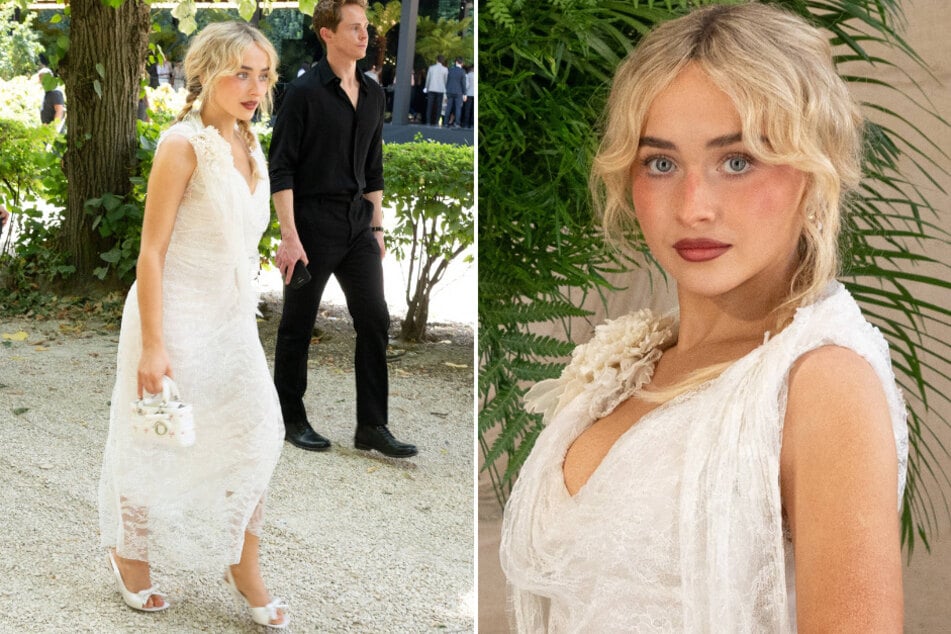 Sabrina Carpenter (pictured) stunned in an all-white Dior look at Paris Fashion Week on Monday.