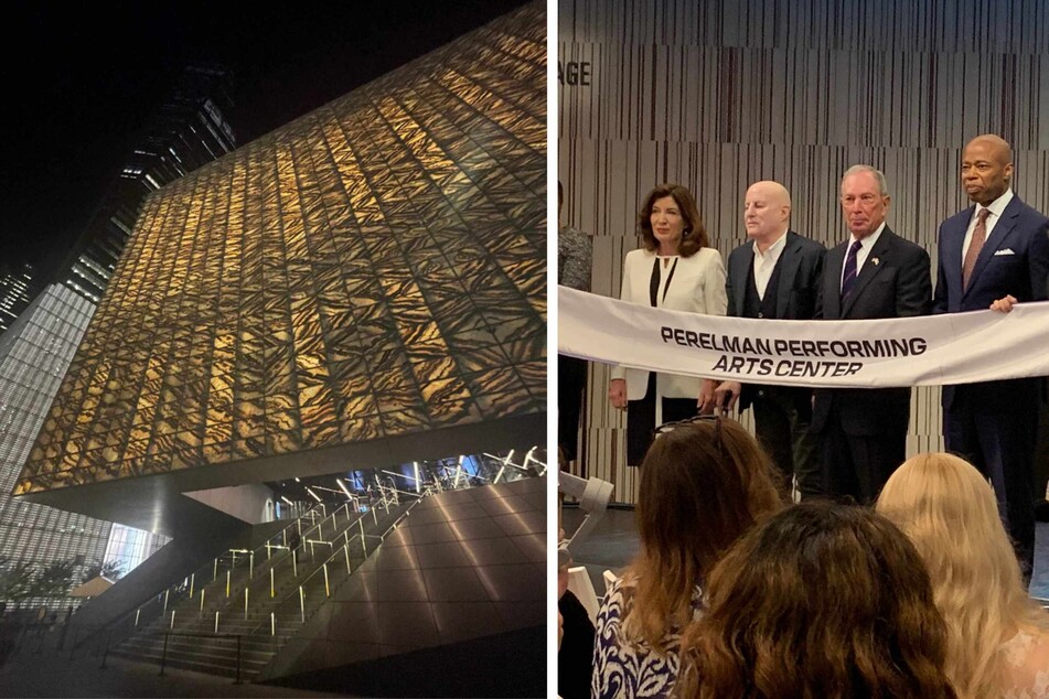 The new PAC NYC building, designed by the architecture firm REX, welcomes visitors to enter the glowing "box" at night from a sloped staircase below (r.). It's opening "ribbon connecting" ceremony was attended by (from l. to r.) Governor Kathy Hochul, Ron Perelman, Michael Bloomberg, and Mayor Eric Adams.