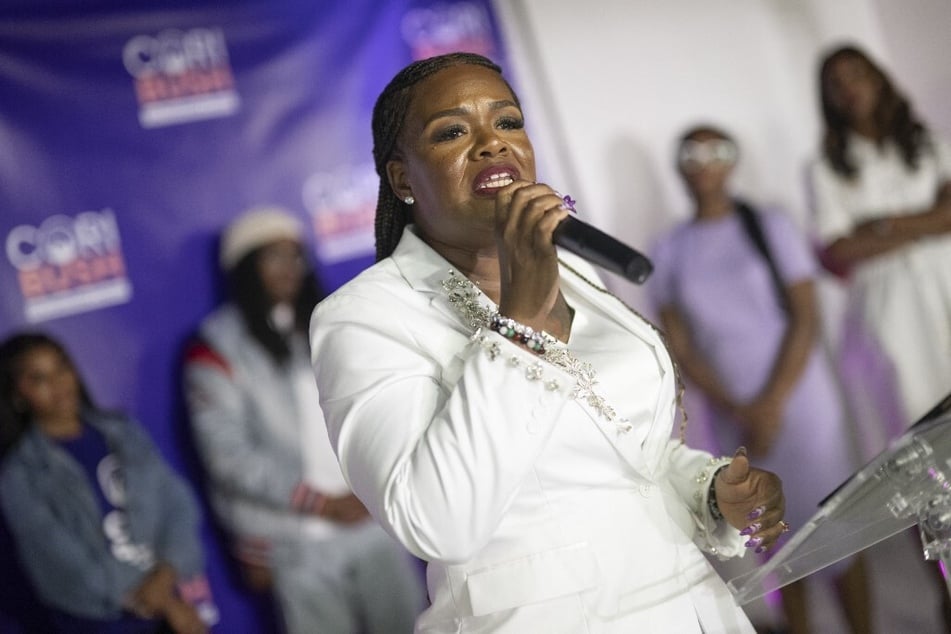 Congresswoman Cori Bush delivers her concession speech during a primary election watch party in St. Louis, Missouri.