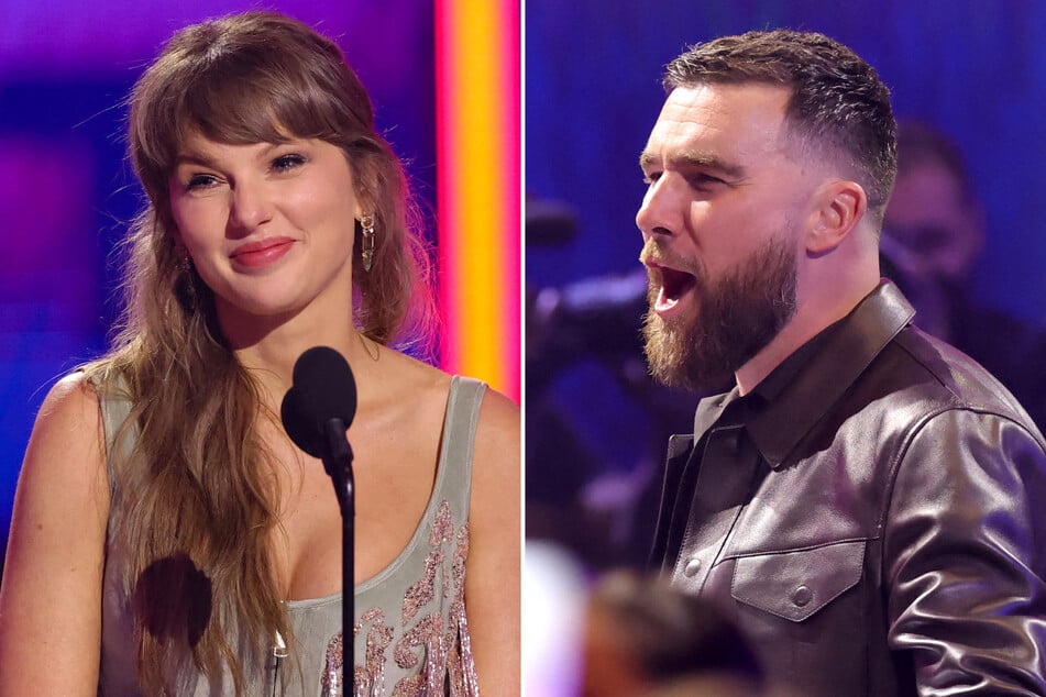 Taylor Swift praised her fiancé Travis Kelce (r.) as she won big at Thursday's iHeartRadio Music Awards.