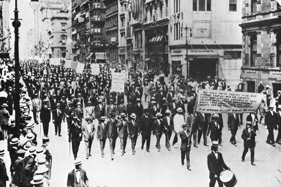 Demonstrators participate in a silent protest march along Fifth Avenue in New York City after the 1917 East St. Louis Race Massacre.
