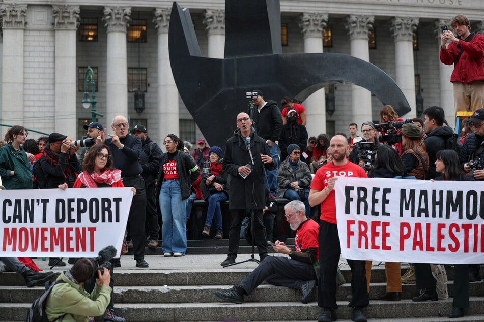 Defense attorney Ramzi Kassem speaks as protesters gather at Foley Square in Manhattan calling for the release of Palestinian activist and Columbia University graduate student Mahmoud Khalil.