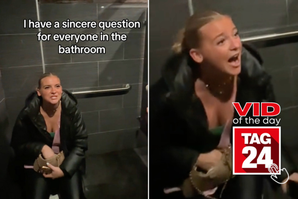 Viral Video of the Day for April 3, 2024: Girl's bar bathroom question ends in ultimate hysterics!