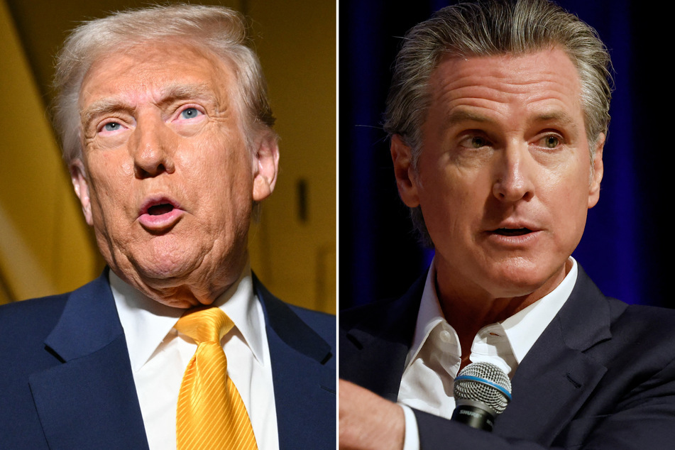 California Governor Gavin Newsom (r.) will announce a lawsuit against President Donald Trump over his on-again-off-again tariffs.