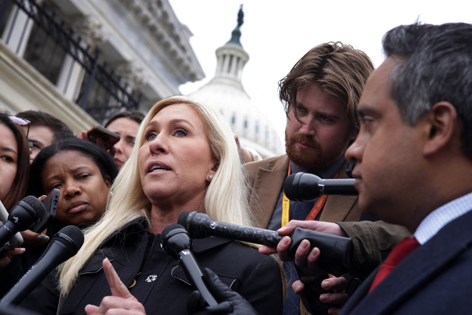 Marjorie Taylor Greene speaking to reporters outside the US Capitol Building in Washington DC on March 22, 2024.