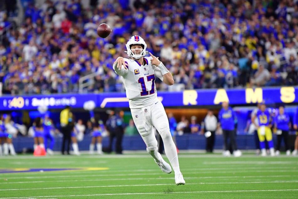 Buffalo Bills quarterback Josh Allen throws a pass during the third quarter against the Los Angeles Rams at SoFi Stadium. The Bills ended up winning the game 37-34 in overtime.