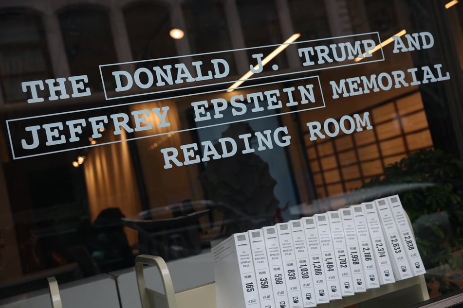 An exterior view shows the Donald J. Trump and Jeffrey Epstein Memorial Reading Room, which contains bound volumes of the Epstein files, in New York City on May 11, 2026.