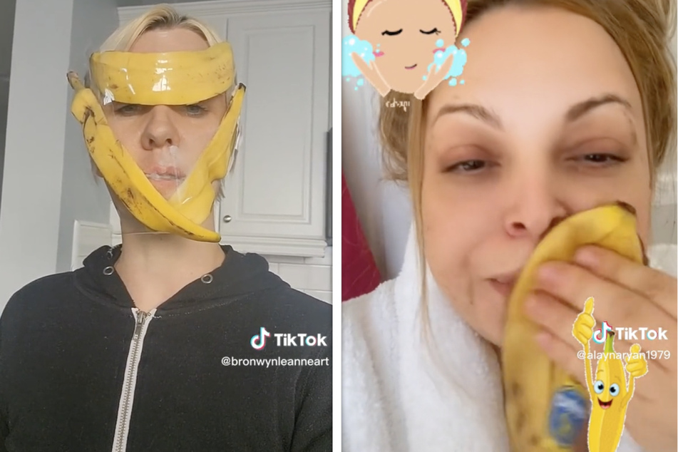 TikTok users are rushing to try out user @alaynaryan1979's (r.) banana peel skincare routine.