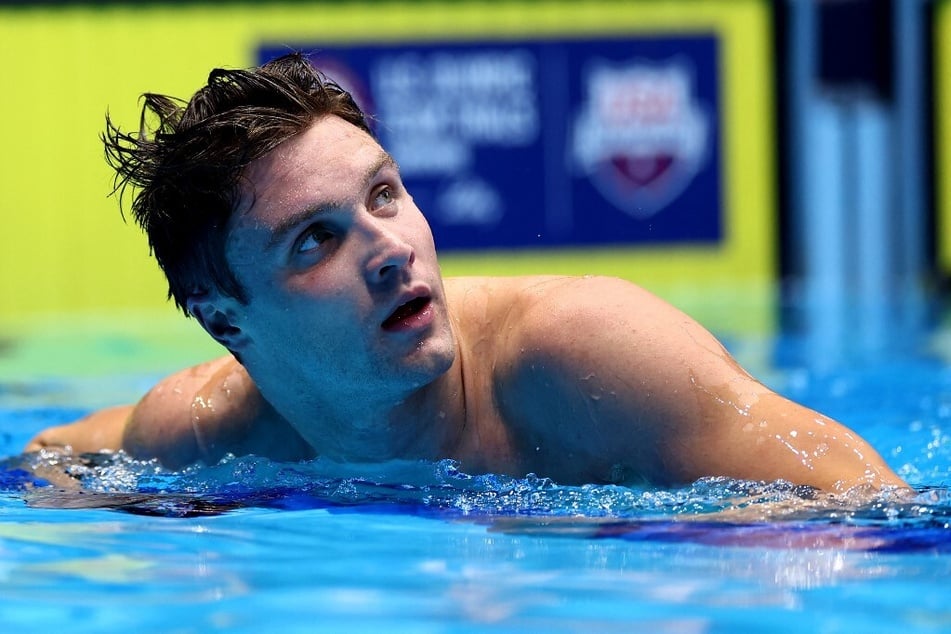 Bobby Finke looks on after the men's 1500m freestyle final at the US Olympic Team Swimming Trials at Lucas Oil Stadium.