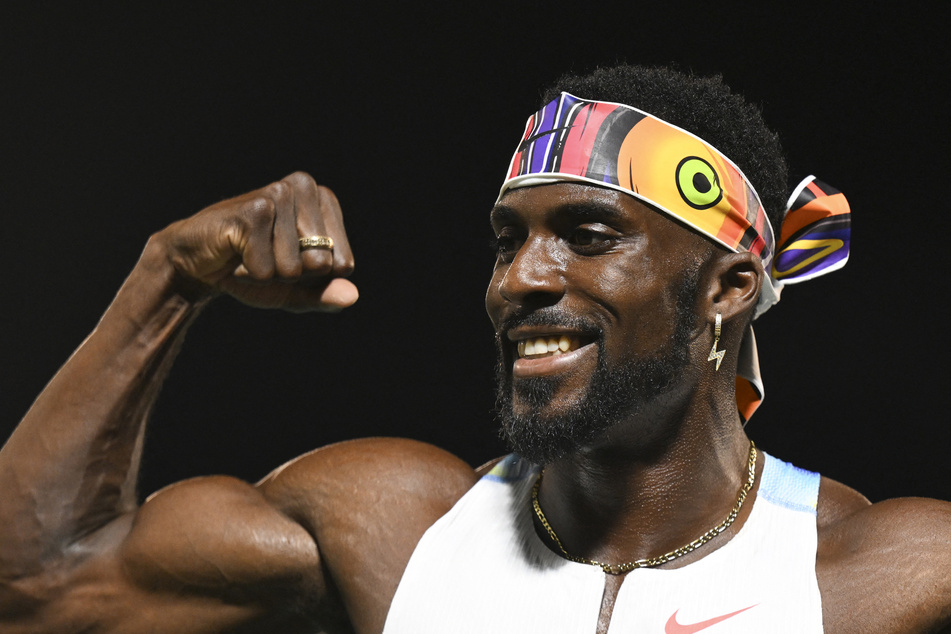 USA's Kenneth Bednarek reacts after winning the men's 200m short sprint event at the Grand Slam Track competition at the National Stadium in Kingston, Jamaica.