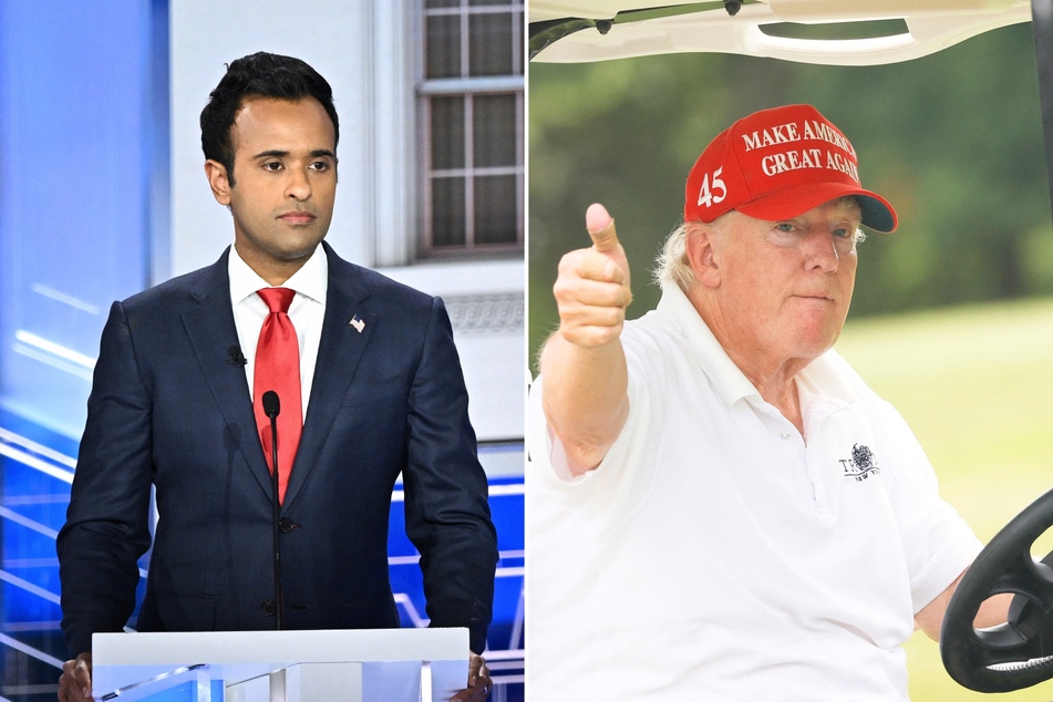 Brian Swensen, the political director for Vivek Ramaswamy's (l.) presidential campaign, announced he is leaving to join Donald Trump's (r.) re-election effort.