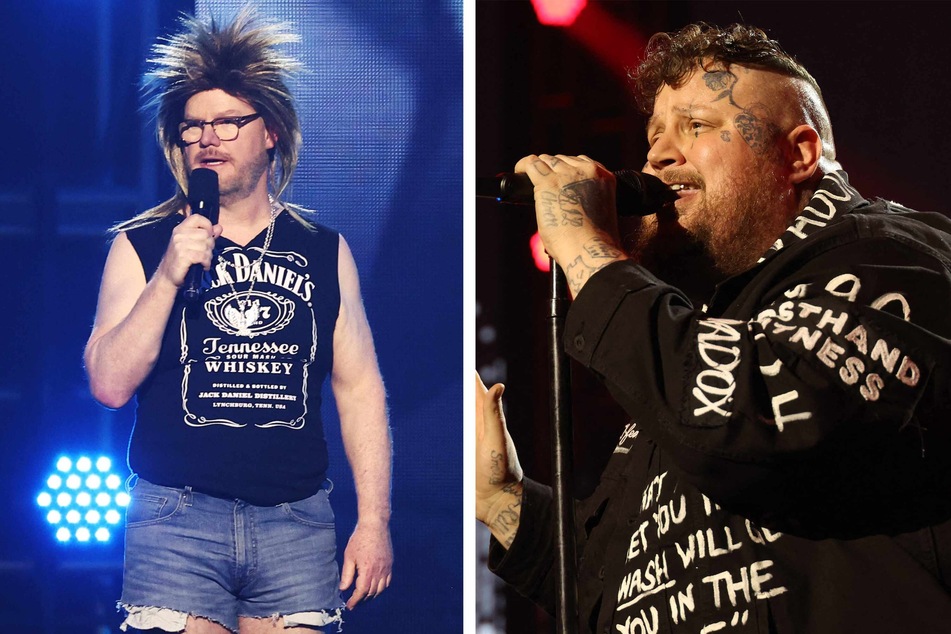 Comedian Jim Gaffigan (l.) hosted the 2024 MusiCares Person of the Year ceremony honoring Jon Bon Jovi during the 66th Grammy Awards on Friday, where Best New Artist nominee Jelly Roll (r.) performed.