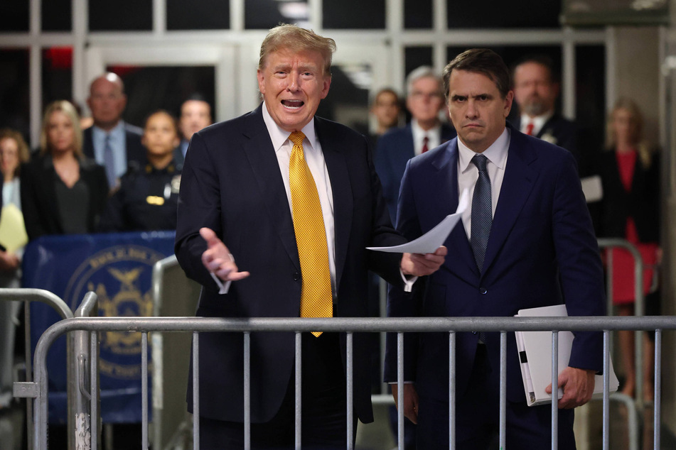 Donald Trump speaking to reporters at the Manhattan Criminal Court in New York City on Tuesday, May 21, 2024.