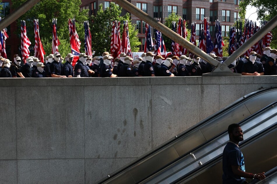 Members of the white supremacist group Patriot Front gather at Eastern Market metro station on July 4, 2026 in Washington, DC.