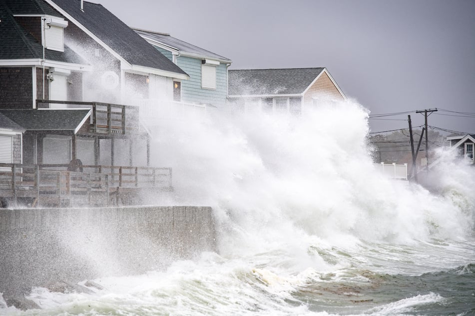 Waves pound the coast as the tide comes in during a Nor’Easter storm in Scituate, Massachusetts, on September 26, 2026. Many events have been canceled due to the storm.