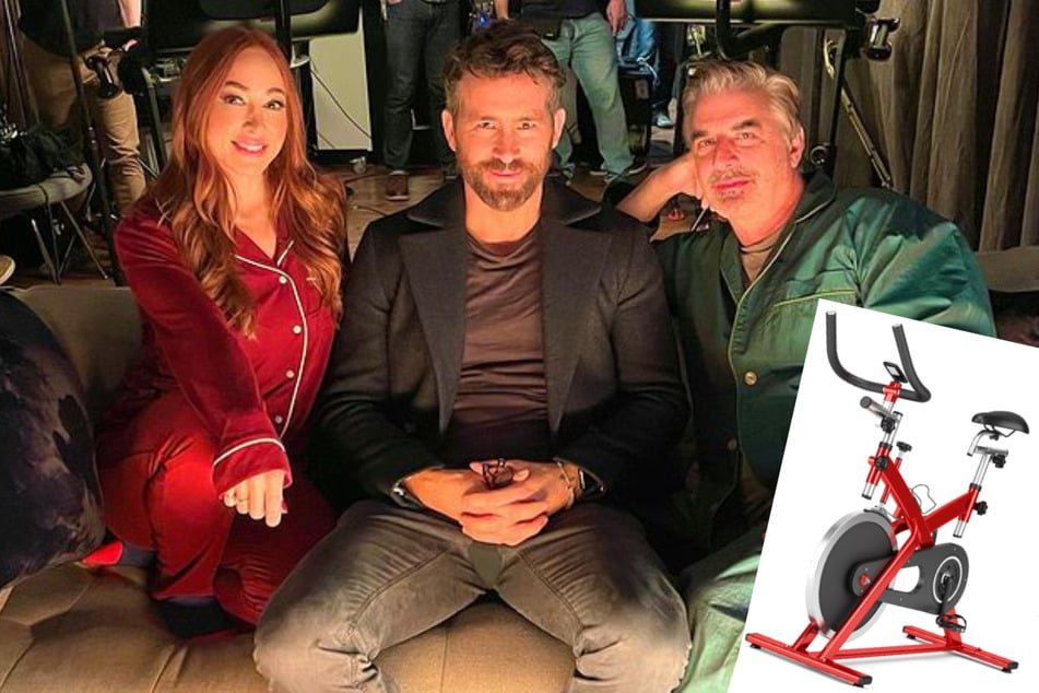 Peloton instructor Jess King (l.) said the Peloton (stock image, inset) campaign with actors Ryan Reynolds (c.) and Chris Noth (r.) was produced in less than 48 hours.
