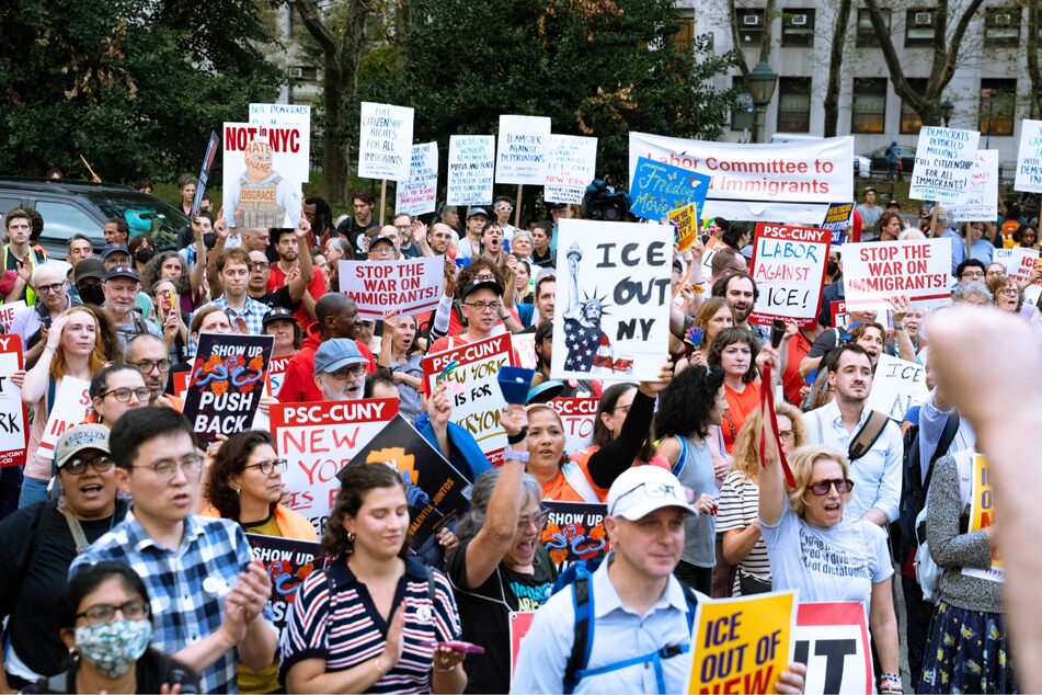 Thousands gather in Foley Square to protest immigration policy and forced deportations in an ICE out of New York protest in New York City on September 25, 2025.