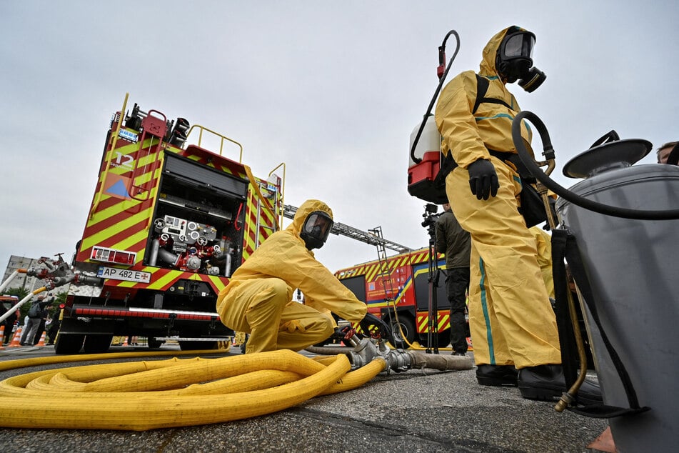 Personnel attend anti-radiation drill in case of an emergency at the Zaporizhzhia Nuclear Power Plant.