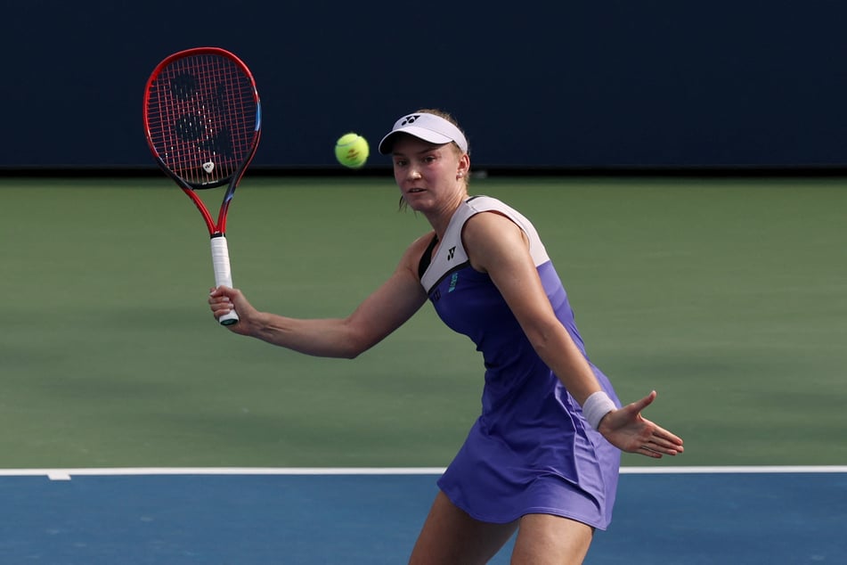 Kazakhstan's Elena Rybakina in action during her first round match against Thea Frodin (not pictured) at the US Open.