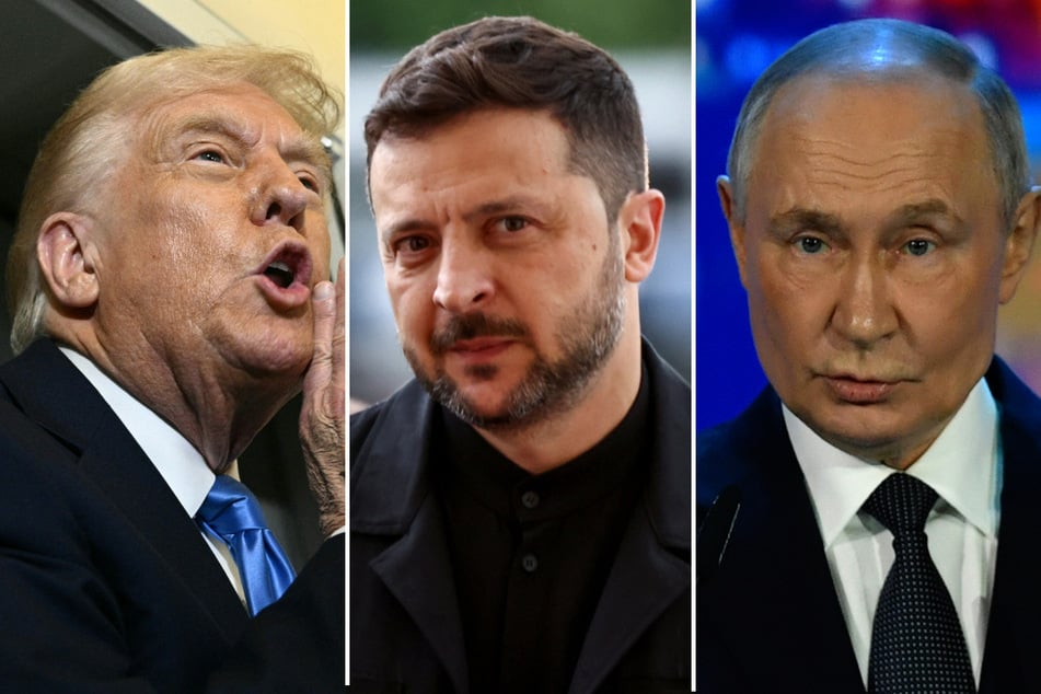 Ukrainian President Volodymyr Zelensky (c.) pitched a three-way peace summit with his US and Russian counterparts, Donald Trump (l.) and Vladimir Putin.