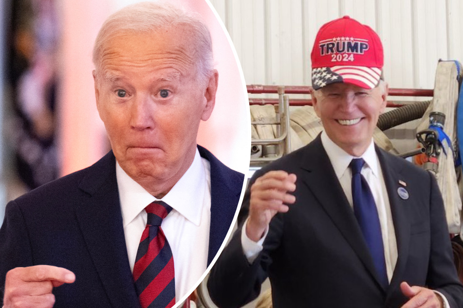 President Joe Biden (pictured) donned one of his predecessor and adversary Donald Trump's signature red hats on Wednesday in a move the White House said was a show of "unity."