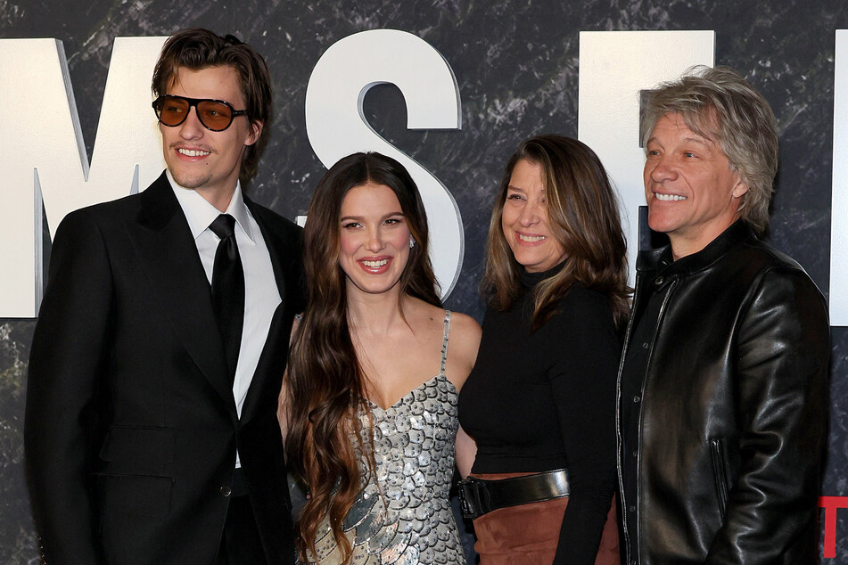 Millie Bobby Brown (second from l.) was joined by her fiancé, Jake Bongiovi (l.) and his parents, Dorothea Bongiovi (second from r.) and Jon Bon Jovi, at the New York premiere of Damsel.