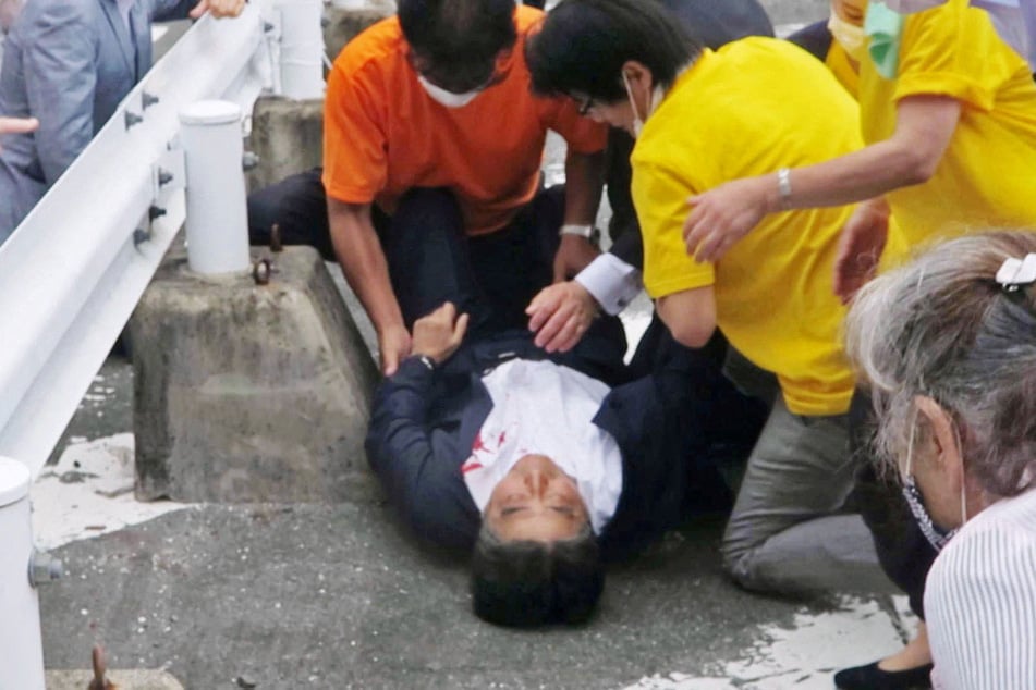 Former Japanese Prime Minister Shinzō Abe in the immediate aftermath of the shooting.