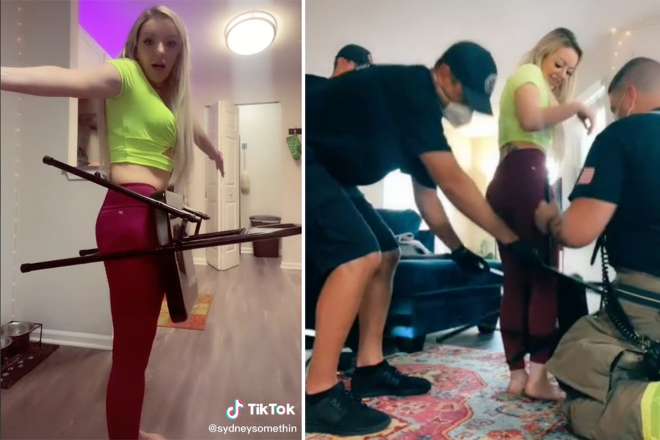 The folding chair wouldn't let go of the blonde's butt, so the firefighters had to completely dismantle the uncooperative seat.