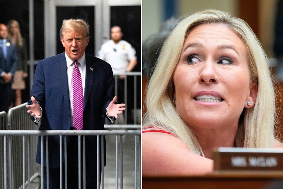 In a recent interview, Marjorie Taylor Greene (r.) claimed that Democrats are trying to throw Donald Trump (l.) in jail in hopes that he may be "murdered."