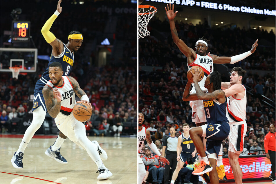 Left: Portland Trail Blazers guard Damian Lillard dribbles by Denver Nuggets guard Kentavious Caldwell-Pope in the first half at Moda Center. Right: Trail Blazers forward Jerami Grant defends Nuggets guard Bones Hyland during the second half.