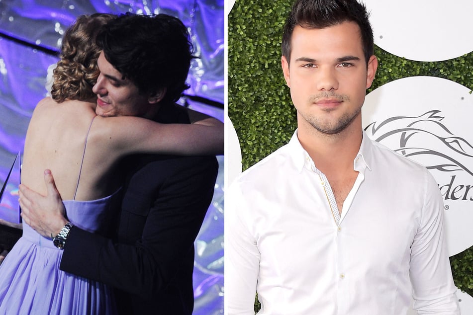 Swifties are obsessing over Taylor Lautner (r)'s hilarious comment about John Mayer (c) ahead of Speak Now (Taylor's Version).
