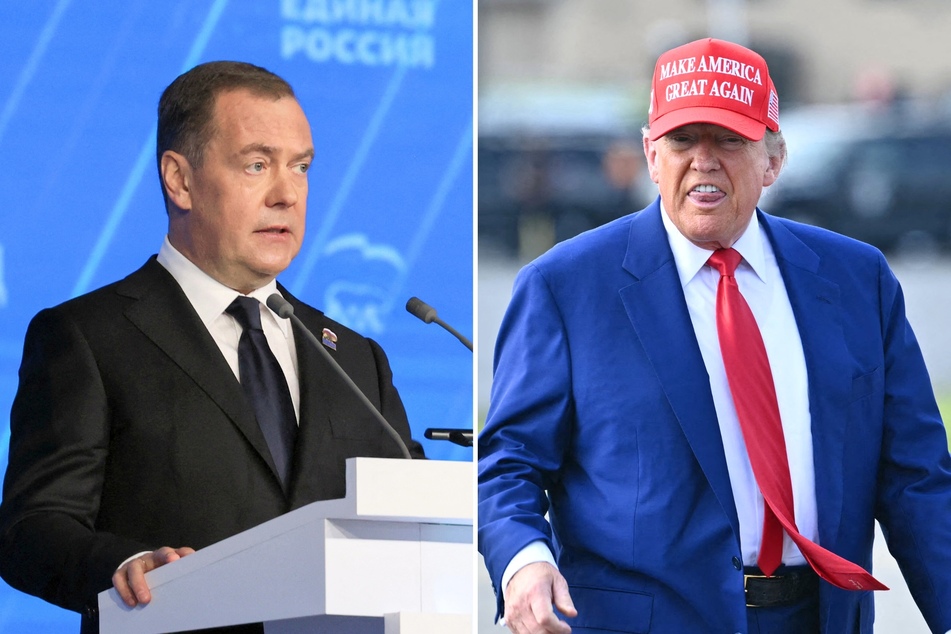 President Trump (r.) recently responded after senior Russian official Dmitry Medvedev suggested the country would send nuclear weapons to assist Iran.