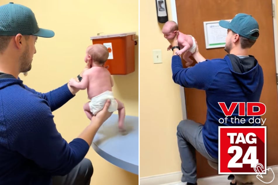 This dad couldn't wait for the doctor to arrive, so he kept his one-week-old son entertained by making him "scale the walls" of the pediatrician's office.
