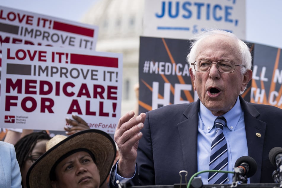 Senator Bernie Sanders speaks in support of Medicare For All outside the US Capitol on May 17, 2023.
