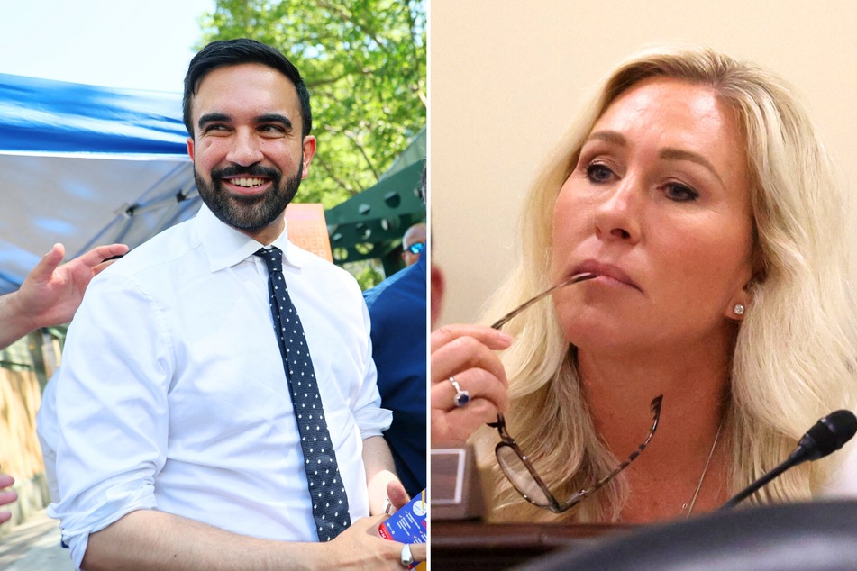 In a recent interview, Marjorie Taylor Greene (r.) surprisingly shared some praise of Democratic mayoral candidate Zohran Mamdani's (l.) primary win.
