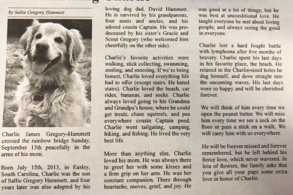 Sallie Gregory-Hammett wanted to do something special in honor of her dog and wrote an obituary for him.
