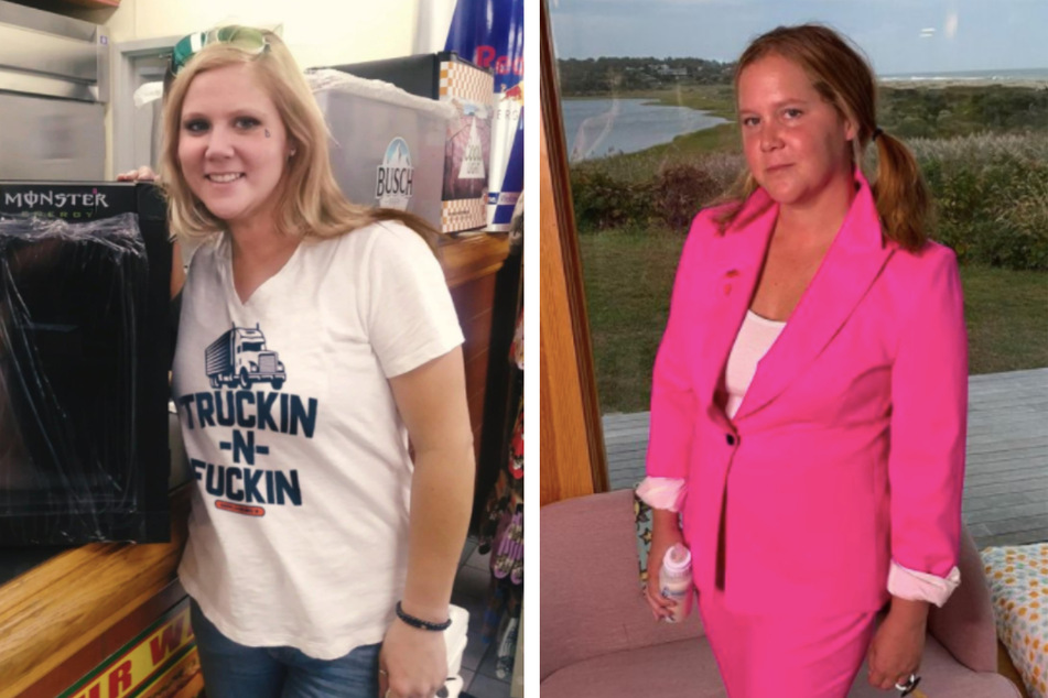 Amy Schumer (r.) apparently has a look-a-like in truck driver Amelia (collage).