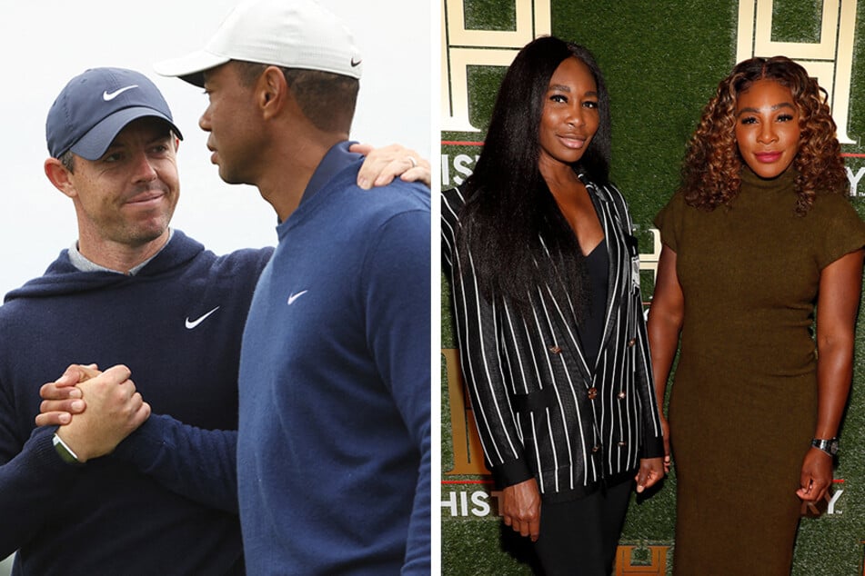 Serena and Venus Williams (r.) will own the first team in Tiger Woods and Rory McIlroy's virtual golf league.