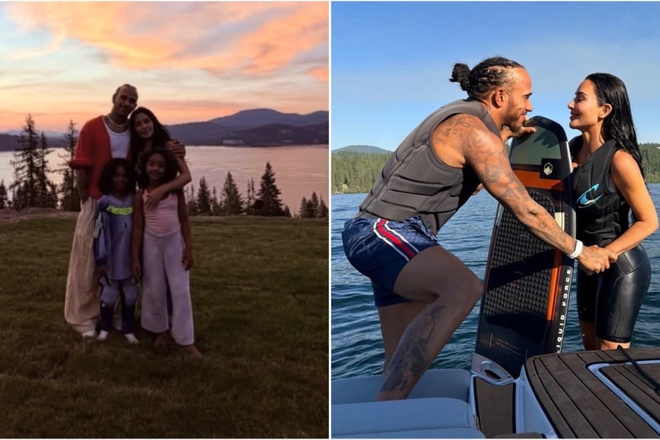 Lewis Hamilton joined Kim Kardashian (r) and her loved ones on their annual trip to Lake Coeur d'Alene.